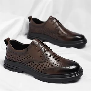 Classic men's brown perforated leather dress shoes with breathable brogue detailing and black sole
