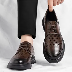 Classic brown hollow business derby shoes with breathable laser-cut holes