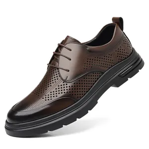 Professional brown perforated leather men's business dress shoes for breathable summer wear