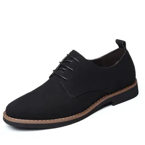 Premium classic black suede lace-up men's shoes featuring a round toe and a brown sole design