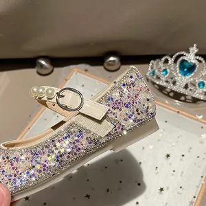 Sparkly glitter crystal princess shoes for girls with pearl strap and rhinestone detail