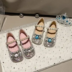Sparkling crystal princess shoes for girls featuring glitter rhinestones and pearl straps