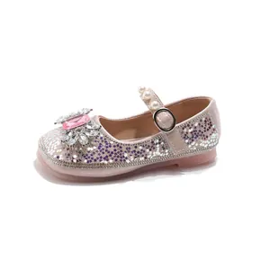 Sparkly pink girls princess shoes with rhinestones and pearl strap for party dress