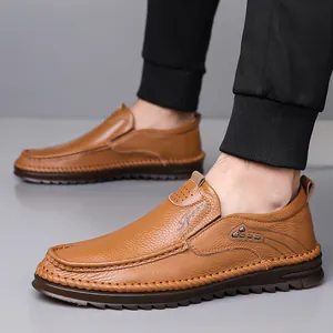 Men's brown genuine leather slip-on loafers for casual driving and outdoor wear