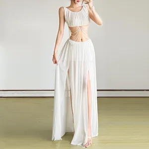 Sexy white mesh two-piece set with pearl chain detail and high slit sheer maxi skirt