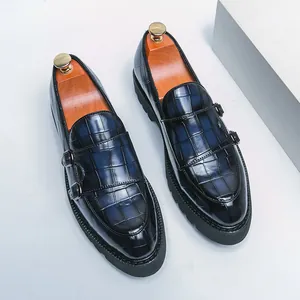 Mocassins à Double Boucle Homme Gaufré Crocodile Plateforme Chaussures Habillées Business Décontracté Bout Pointu Microfibre