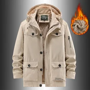 Men's khaki hooded jacket with thick fleece lining and multi-pockets for winter warmth.