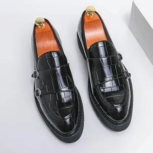 Mocassins noirs pour hommes avec motif crocodile, doubles boucles et semelles épaisses