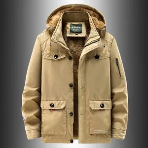 Men's thickened khaki hooded jacket with soft fleece lining and multiple pockets