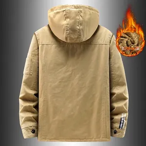 Men's retro khaki fleece-lined hooded jacket with multiple pockets for winter warmth.