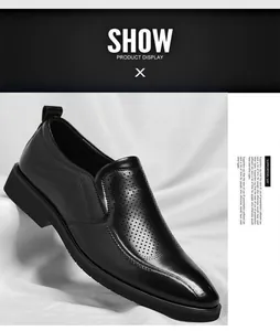 Detailansicht der schwarzen atmungsaktiven Leder-Business-Schuhe für Herren mit spitzer Form