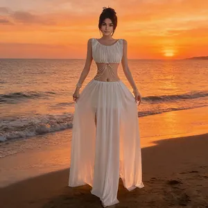 Elegant white mesh two-piece set with gold chain detail, perfect for beach vacation outfits