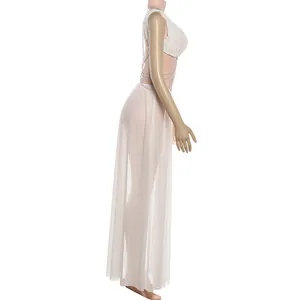 Detailed side view of white mesh skirt set with elegant pearl chain accents