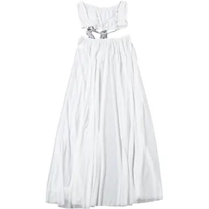 Elegant white mesh two-piece set featuring chain-link cropped top and sheer maxi skirt