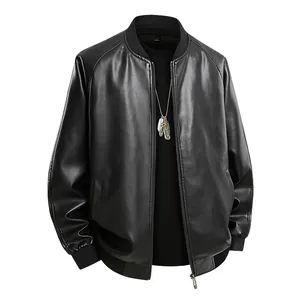 Heren Kunstlederen Motorjas Opstaande Kraag Casual PU Leren Bomberjas Geribbelde Afwerking Rits Outwear Top