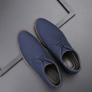 Top view detail of navy blue frosted men's casual derby shoes with lace-up closure