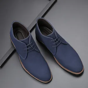 Elegant navy blue suede men's casual dress shoes with a sleek lace-up design and pointed toe