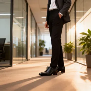Chaussures richelieu noires à bout carré portées dans un couloir de bureau chic