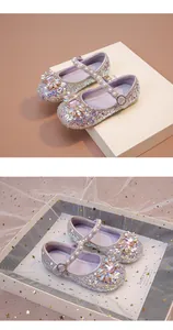 Chaussures Mary Jane scintillantes à paillettes pour filles avec fleurs en strass et perles