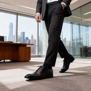 Chaussures richelieu homme en cuir noir bout carré marchant dans un bureau moderne