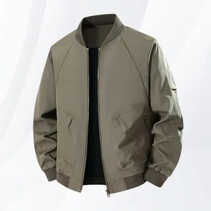 Classic men's olive green bomber jacket with baseball collar and ribbed cuffs for spring