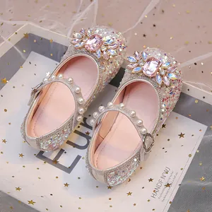 Chaussures de Princesse Mary Jane pour Enfants Filles Paillettes Étincelantes Fleur en Strass Sangle à Perles Artificielles Semelle Souple pour Mariage Fête