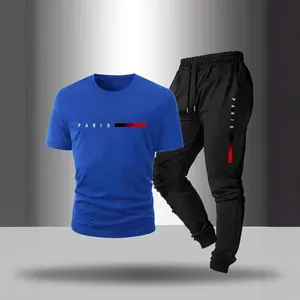 Ensemble de sport 2 pièces pour homme avec t-shirt bleu et jogging noir imprimé Paris