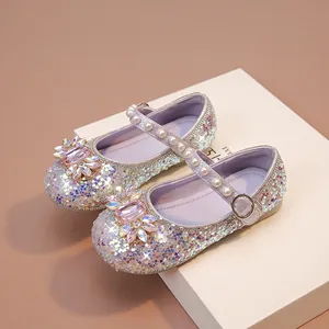 Chaussures de princesse Mary Jane à paillettes pour filles avec strass et perles roses