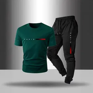 Ensemble de sport pour homme 2 pièces T-shirt vert foncé et pantalon noir