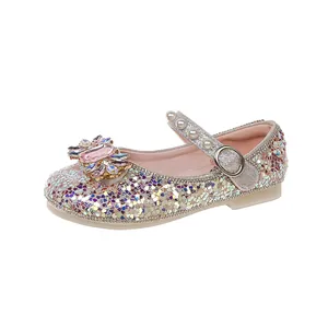 Chaussures de princesse pailletées pour filles avec fleur en strass et perles.