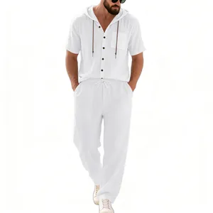 Casual men's white linen set featuring hooded short sleeve shirt and loose long pants.