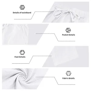 Close-up details of men's white linen pants showing waistband, pocket, and fabric texture