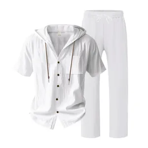 Men's white linen short sleeve hooded shirt and trousers two-piece summer beach set