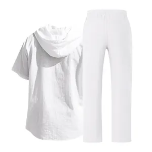 Back view of a white linen short-sleeved hooded shirt and matching beach pants