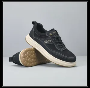 Detailed side and sole view of men's black thick-sole casual fashion sports sneakers.
