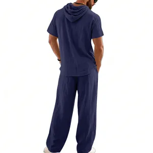 Back view detail of breathable navy blue linen short sleeve hoodie and pants set