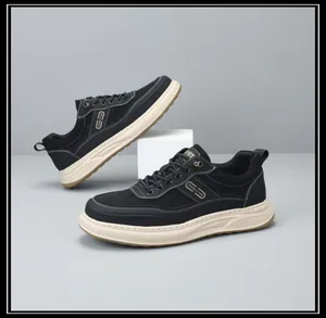 Side view of stylish black men's casual dad shoes featuring thick cream soles