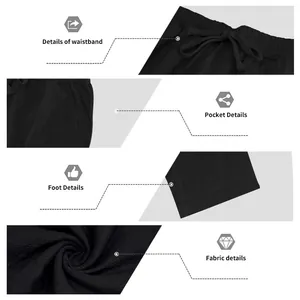 Detalles de pantalones de lino negro con cordón, cintura, bolsillos y dobladillo