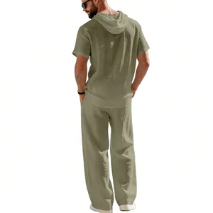 Back view of men's olive green linen hooded shirt and wide-leg trousers summer set