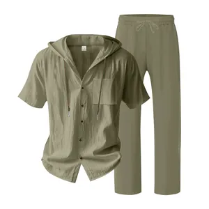 Detail of men's summer linen two-piece set with hooded short-sleeve shirt and pants.