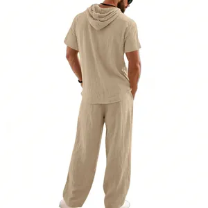 Back view of men's loose khaki linen beach short-sleeve hooded shirt and pants