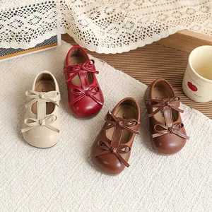 Elegant British style girls' leather Mary Jane shoes with double bows in four colors