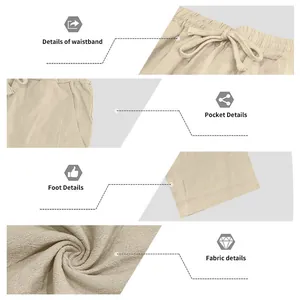 Detailed views of beige linen trousers showing waistband, pockets, and fabric texture