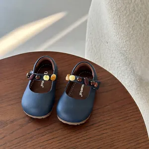 Donkerblauwe leren Mary Jane schoenen voor meisjes met een kleurrijke kralenband