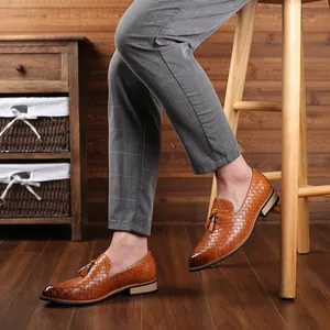 Men Casual Loafers Artificial PU Leather Woven Texture Tassel Driving Shoes British Style Slip On Flat Shoes Fashion Sneakers