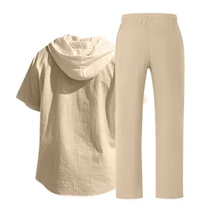 Detailed back view of men's summer beige linen hooded short sleeve shirt and long pants set