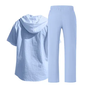 Back view of men's breathable linen short sleeve hooded shirt and long pants set