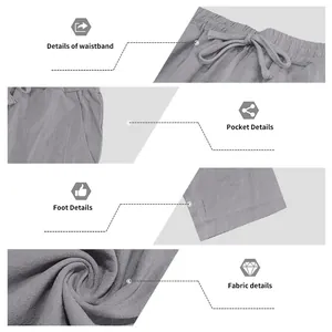 Vista detallada de pantalones de lino informales para hombre con cintura elástica y tejido