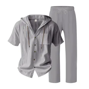 Casual men's summer linen set featuring a hooded short sleeve shirt and matching long pants