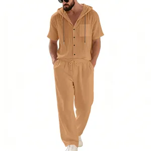 Casual men's khaki short-sleeve hooded shirt and matching trousers set in linen texture.